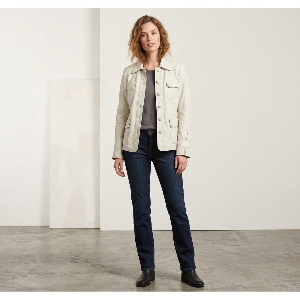 Danier Womens Cream Leather Utility Jacket Button Front Floral Lining Large